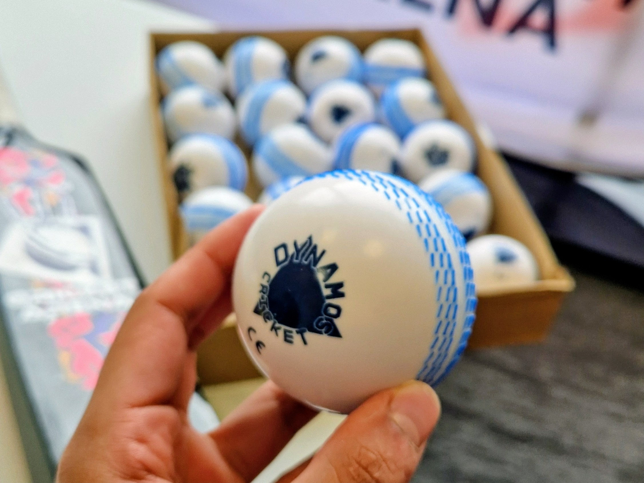Box of Dynamos cricket balls supplied by the ECB — fresh kit ready for sessions in Sheffield.
