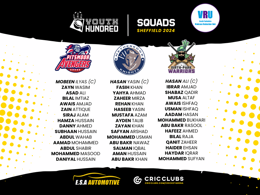 Youth Hundred 2024 squads graphic showing Pitsmoor Avengers, Netheredge Knights and Firth Park Warriors, Sheffield.