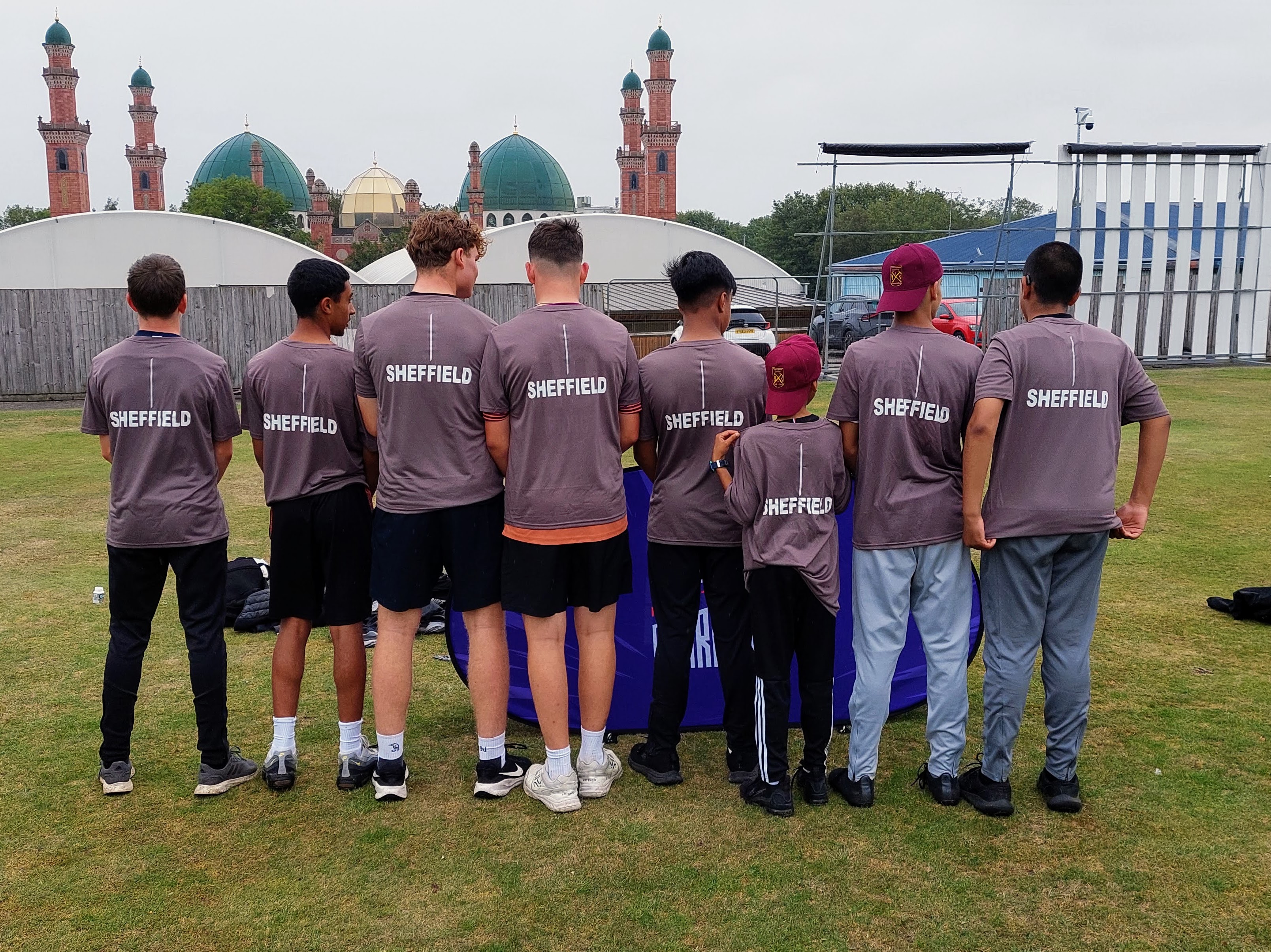 Sharrow Stars squad show the Sheffield print on their shirts at Park Avenue during Yorkshire Junior Hundred Finals Day 2025.