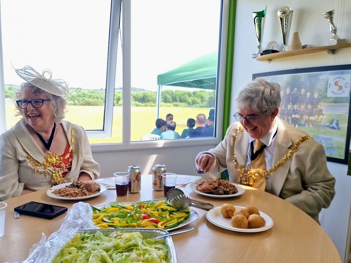 The Lord Mayor and Lady Mayoress of Sheffield enjoy Caribbean food in the clubhouse on Windrush Day 2026