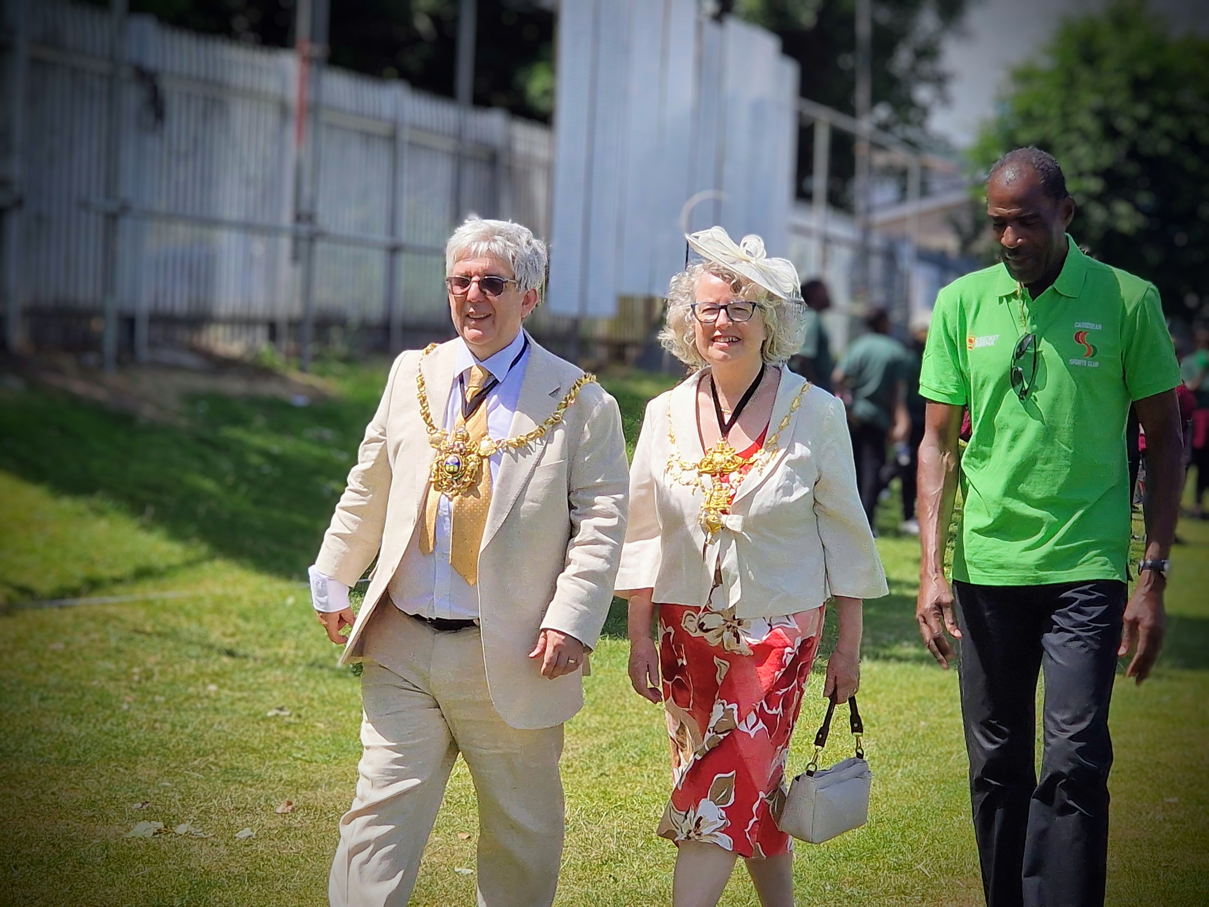 The Lord Mayor and Lady Mayoress of Sheffield arrive at the Caribbean Sports Club with a club elder on Windrush Day 2026