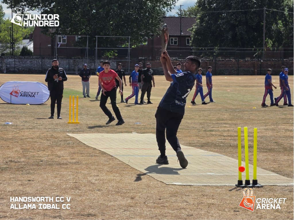 A young batter plays a shot during the Junior Hundred at Shiregreen Cricket Club, showing focus and skill in Sheffield youth cricket