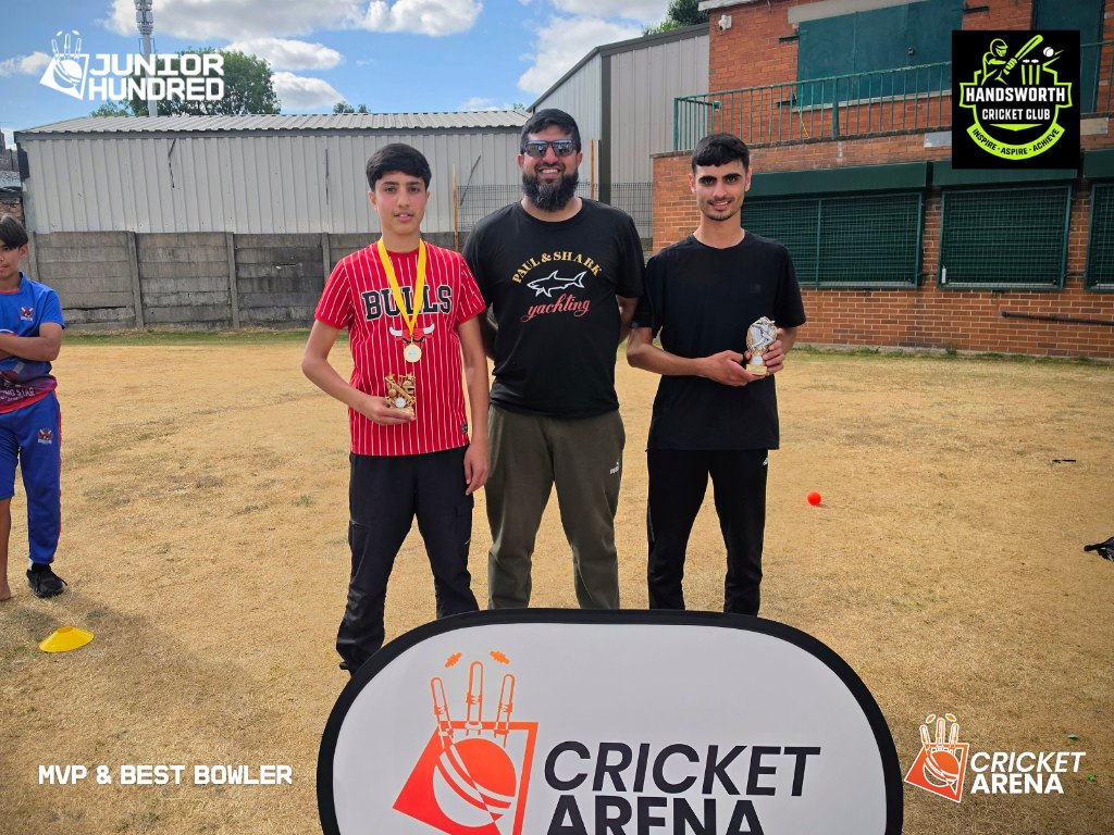 Handsworth coach Rizwan Hussain stands with the tournament MVP and best bowler, celebrating achievement at the Sheffield Junior Hundred