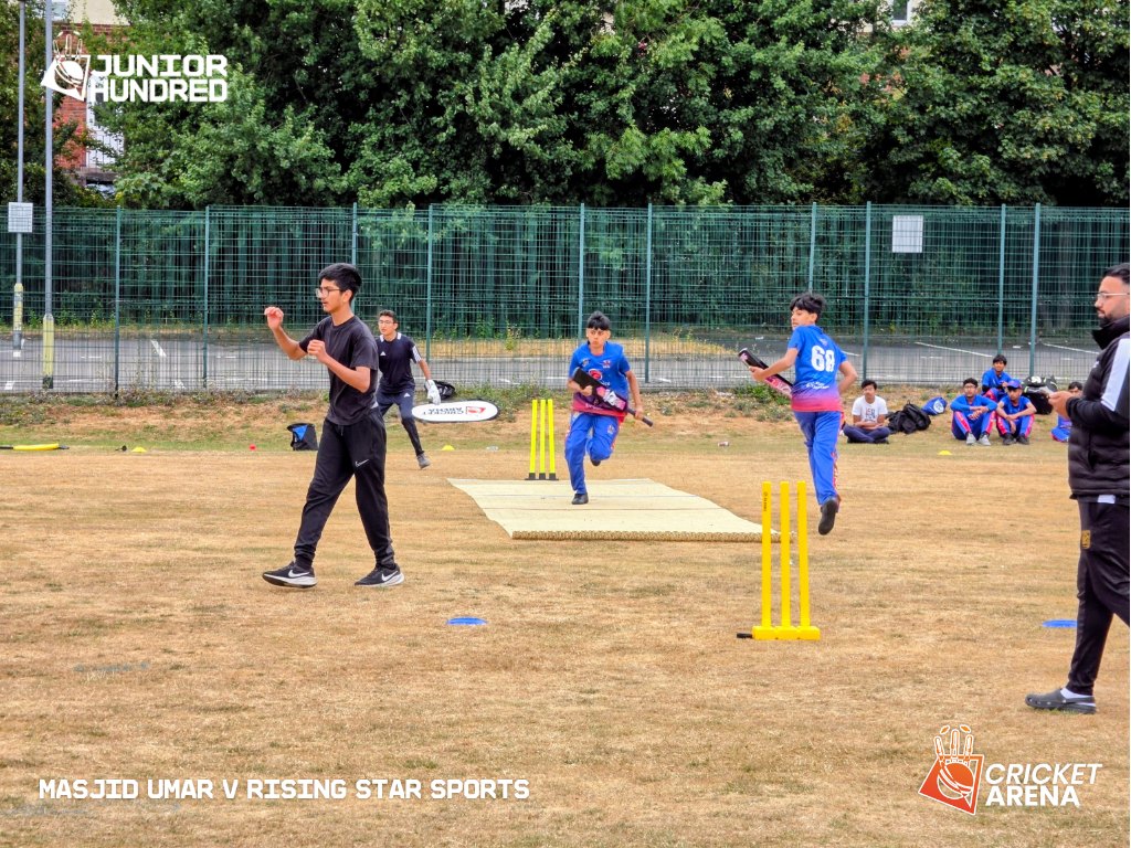A bowler delivers during a Junior Hundred match at Shiregreen, capturing energy and determination in Sheffield community cricket