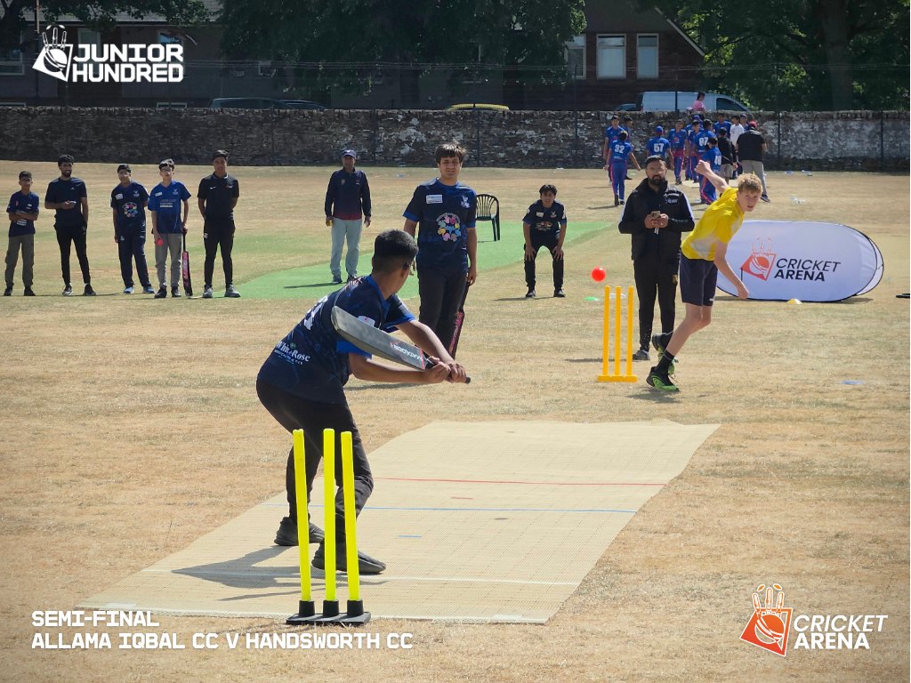 Bat and ball meet at the stumps during a Junior Hundred match, showing the competitive edge of Sheffield youth cricket