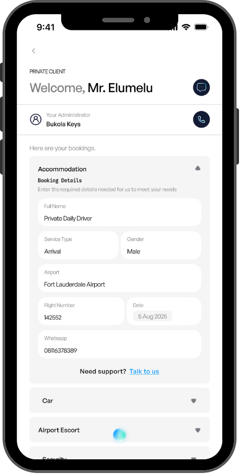 Voya app screen shot of private client booking
