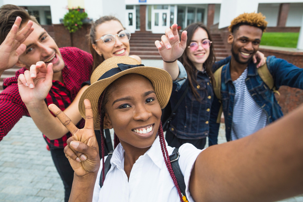 Group of five friends smiling and taking a selfie outdoors, with the person in front making a peace sign.