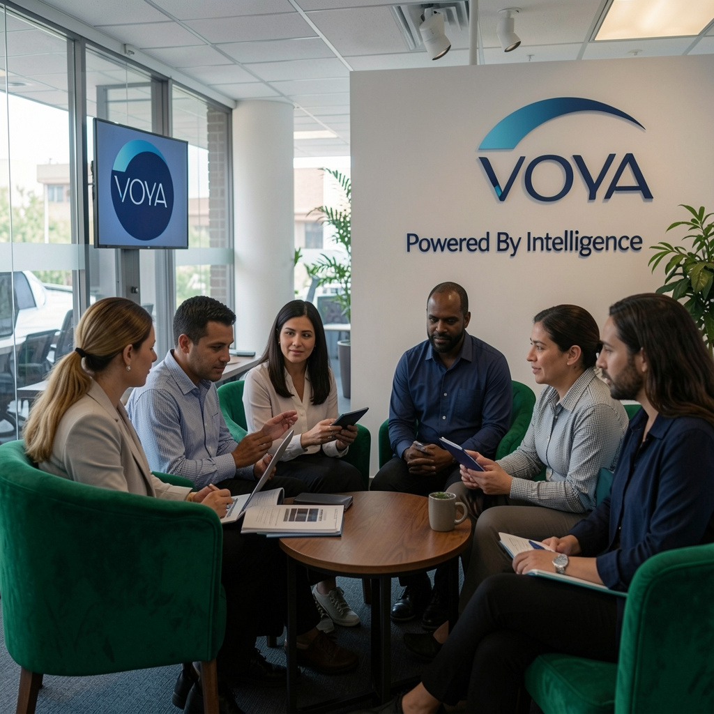 Six professionals having a meeting in a modern office lounge with Voya logo and slogan 'Powered By Intelligence' on the wall.