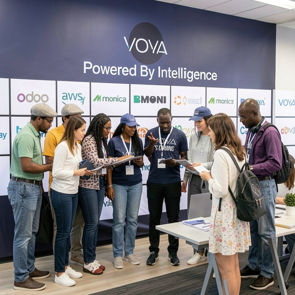 A group of VOYA staff standing in a semi-circle, reviewing documents together in an office with a VOYA Powered By Intelligence banner behind them.