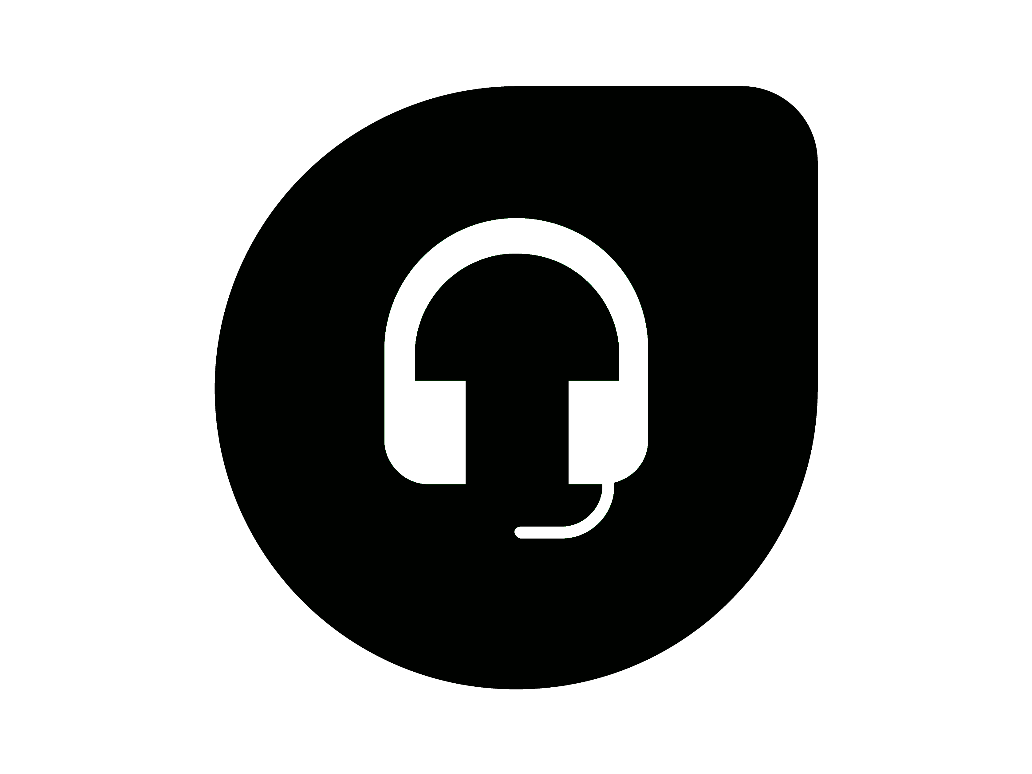 White headset with microphone icon on a black irregular shape background.