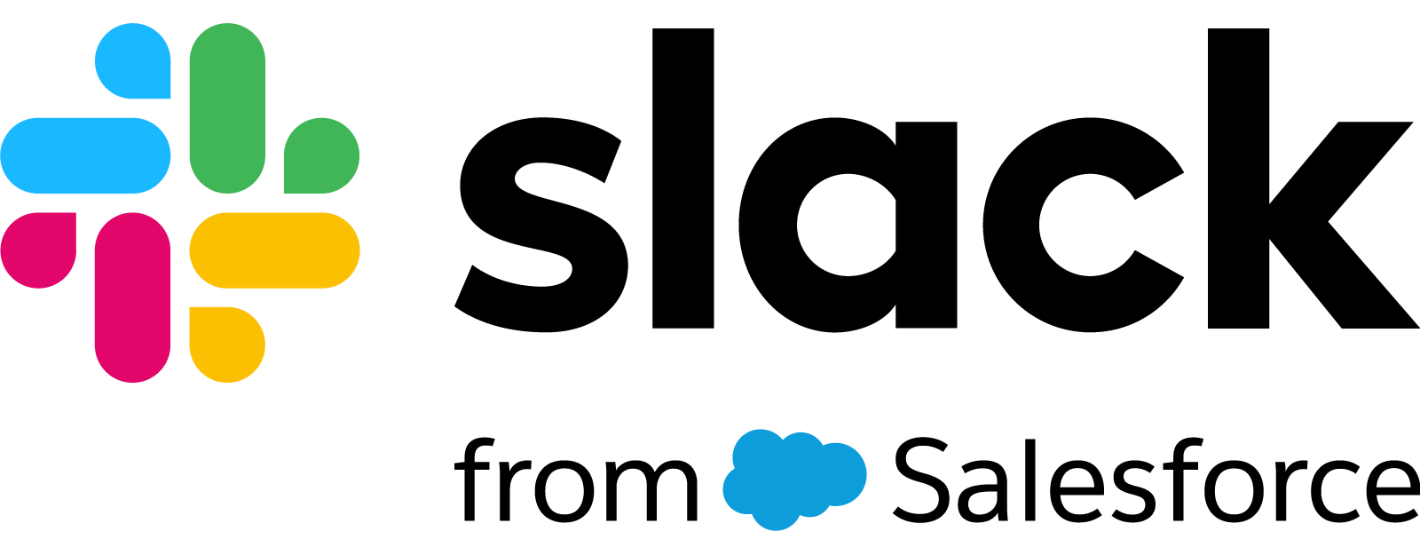 Slack logo with its four-color hashtag symbol next to the Salesforce cloud logo.