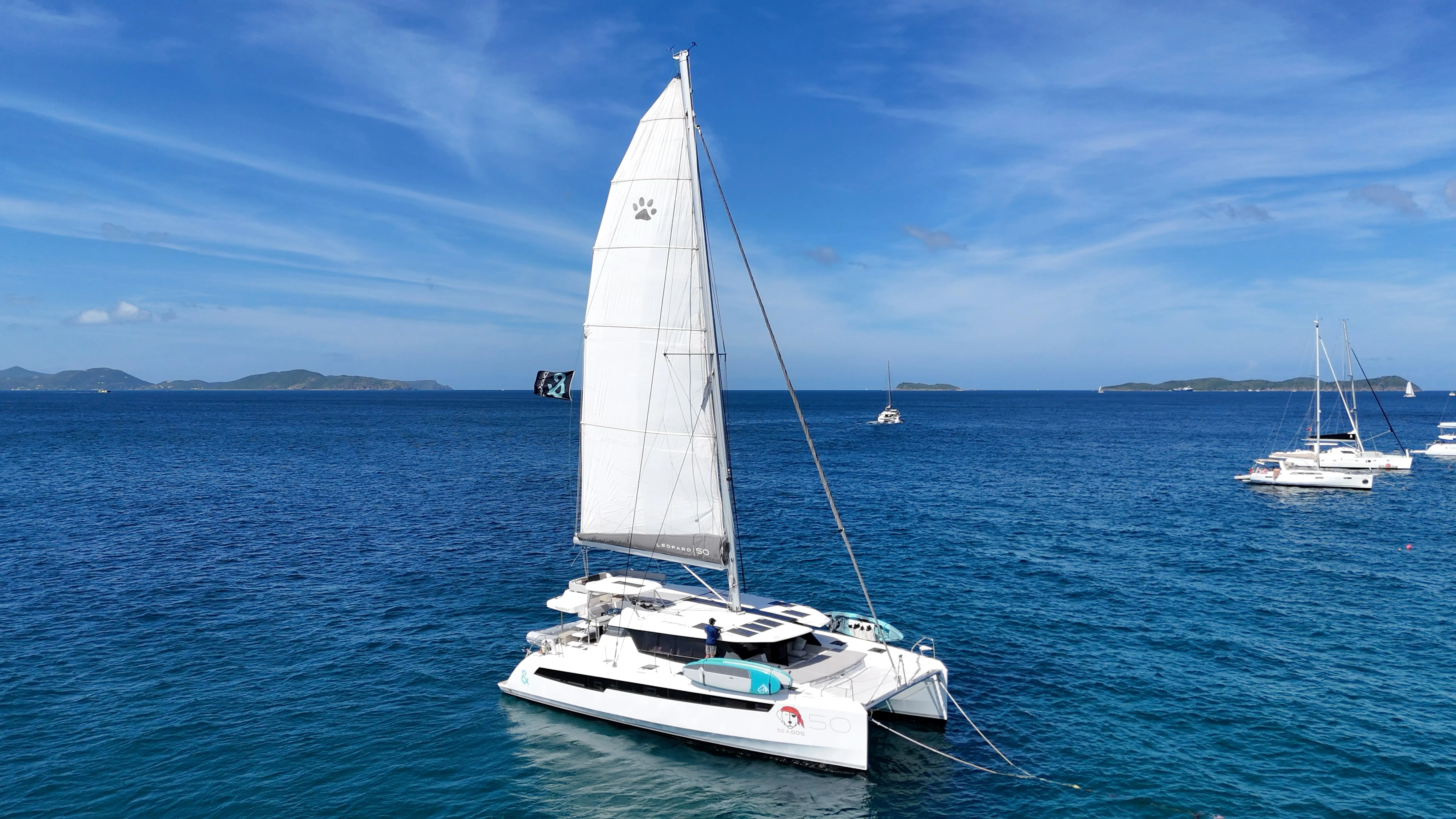 Sea Dog catamaran sailing in turquoise BVI water