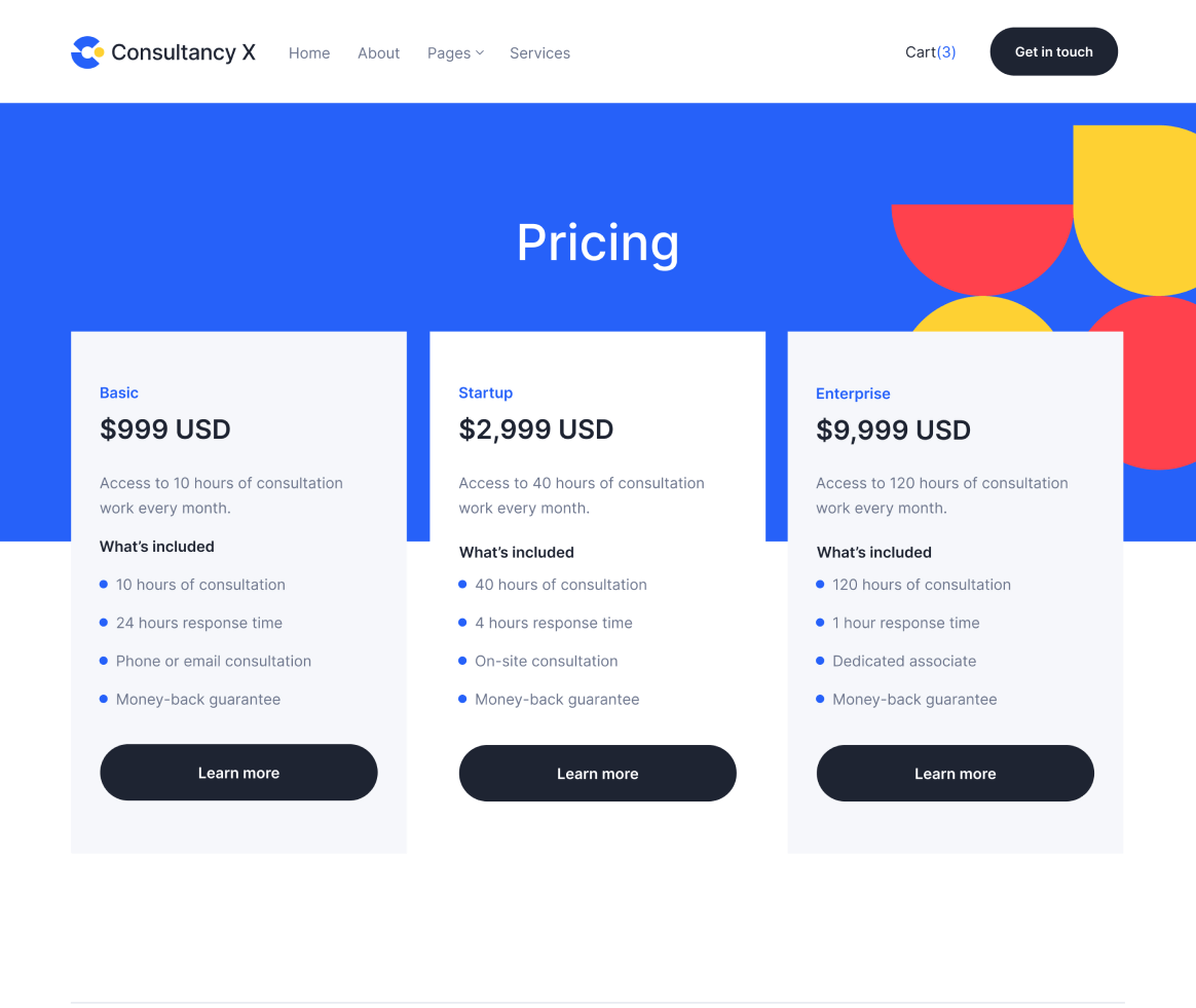 Consultancy X - Packages page - Consulting Webflow Template