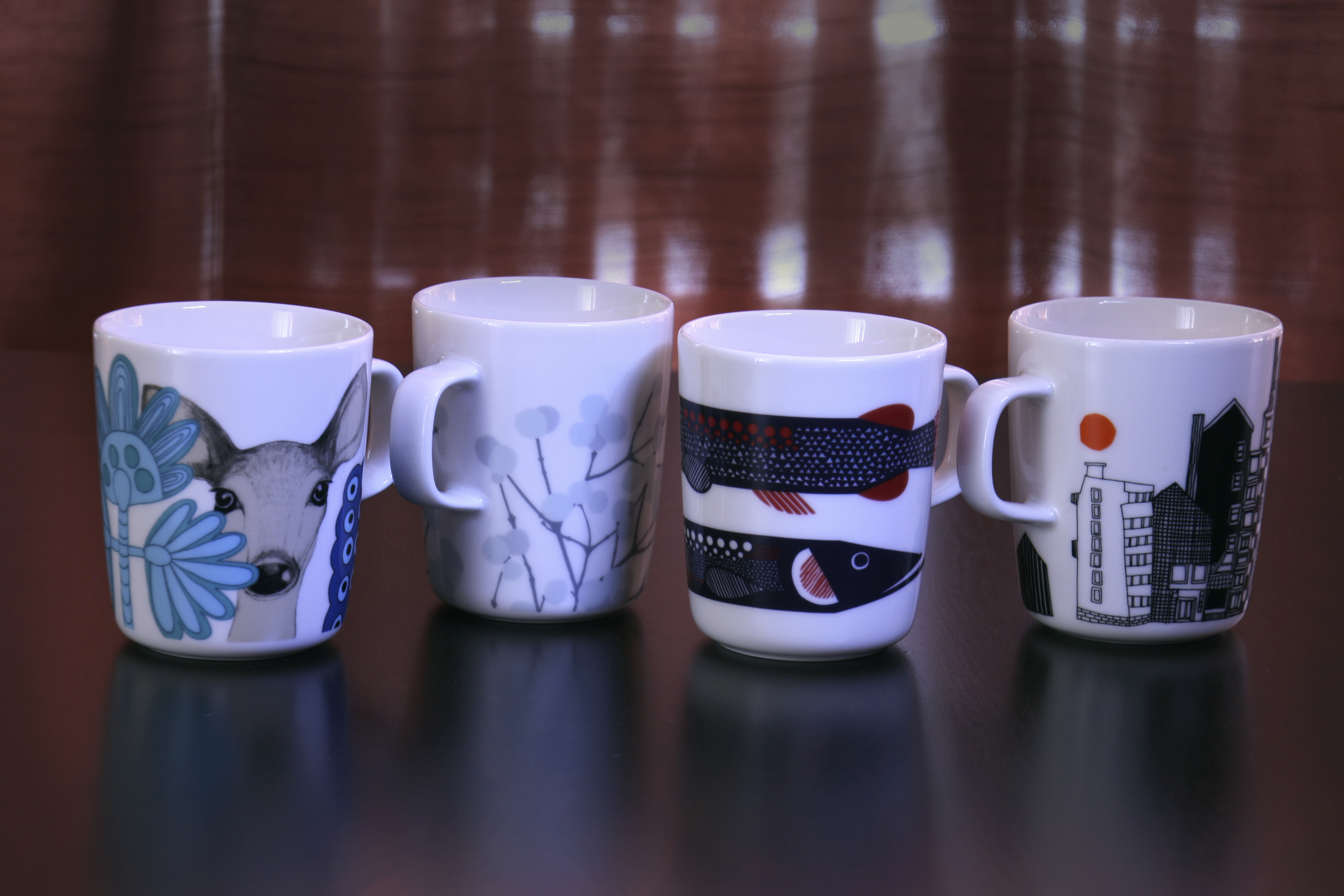 Marimekko mugs in the company's signature printed patterns