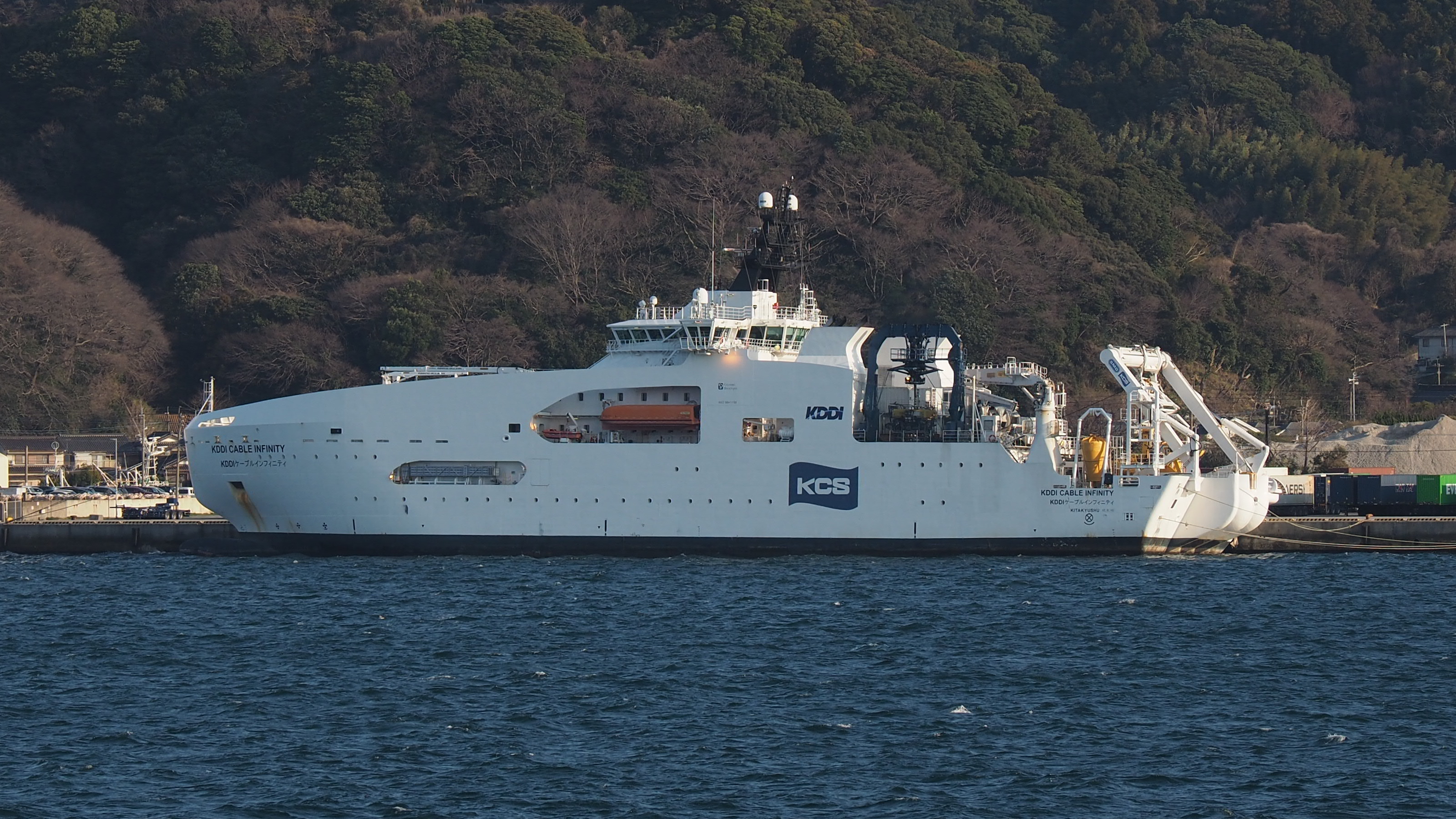 A cable-laying vessel at anchor