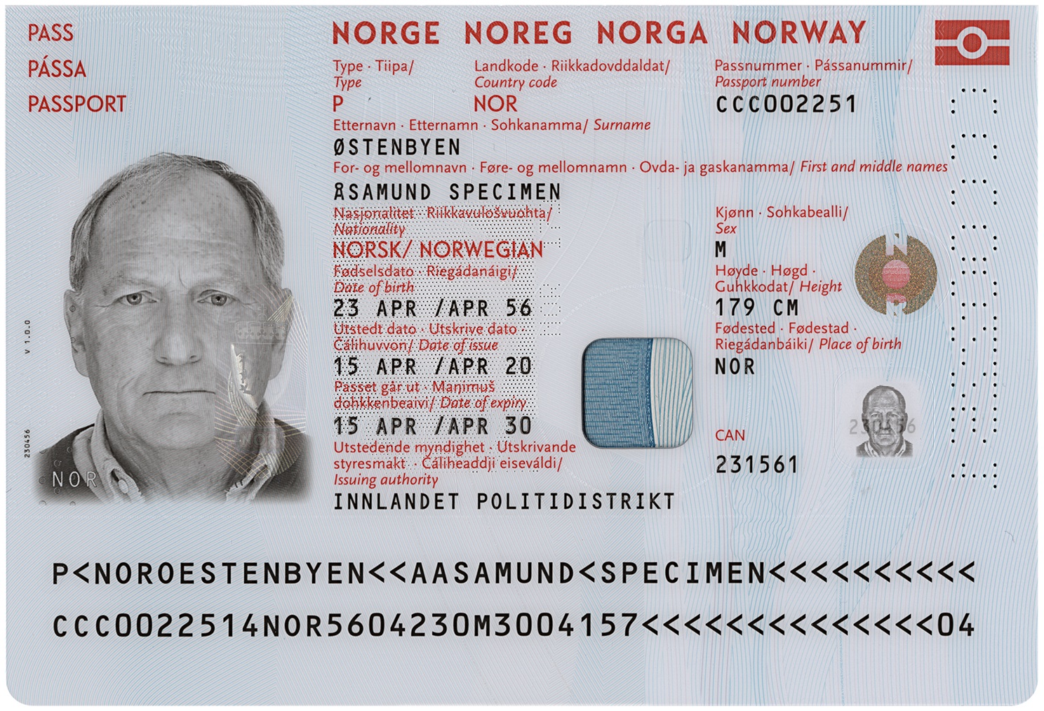 A specimen page of a Norwegian passport