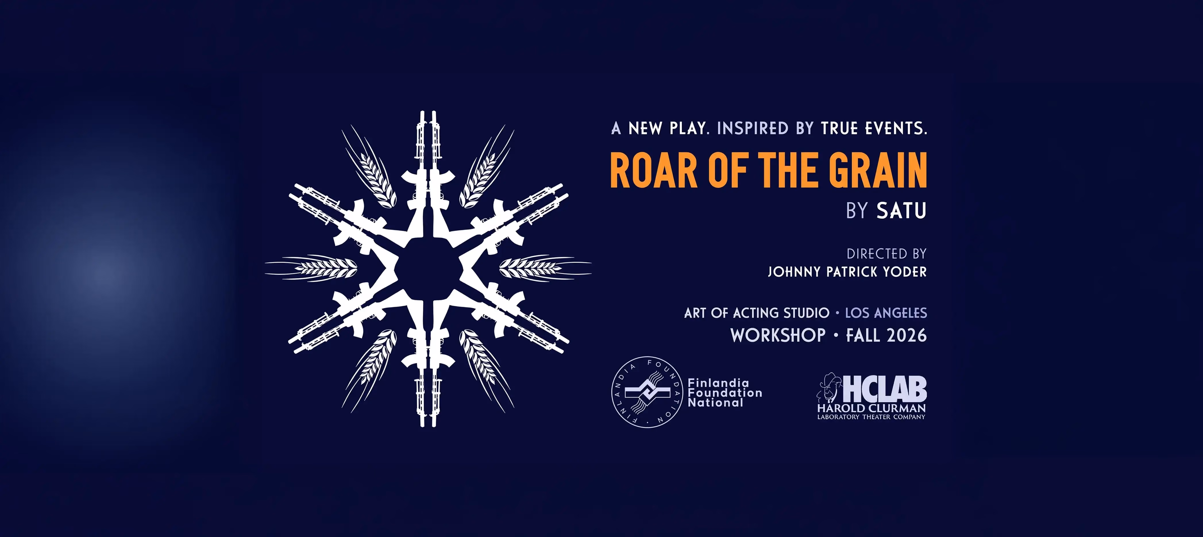 A navy poster for the play Roar of the Grain by Satu, with a white snowflake formed from rifles and ears of wheat.