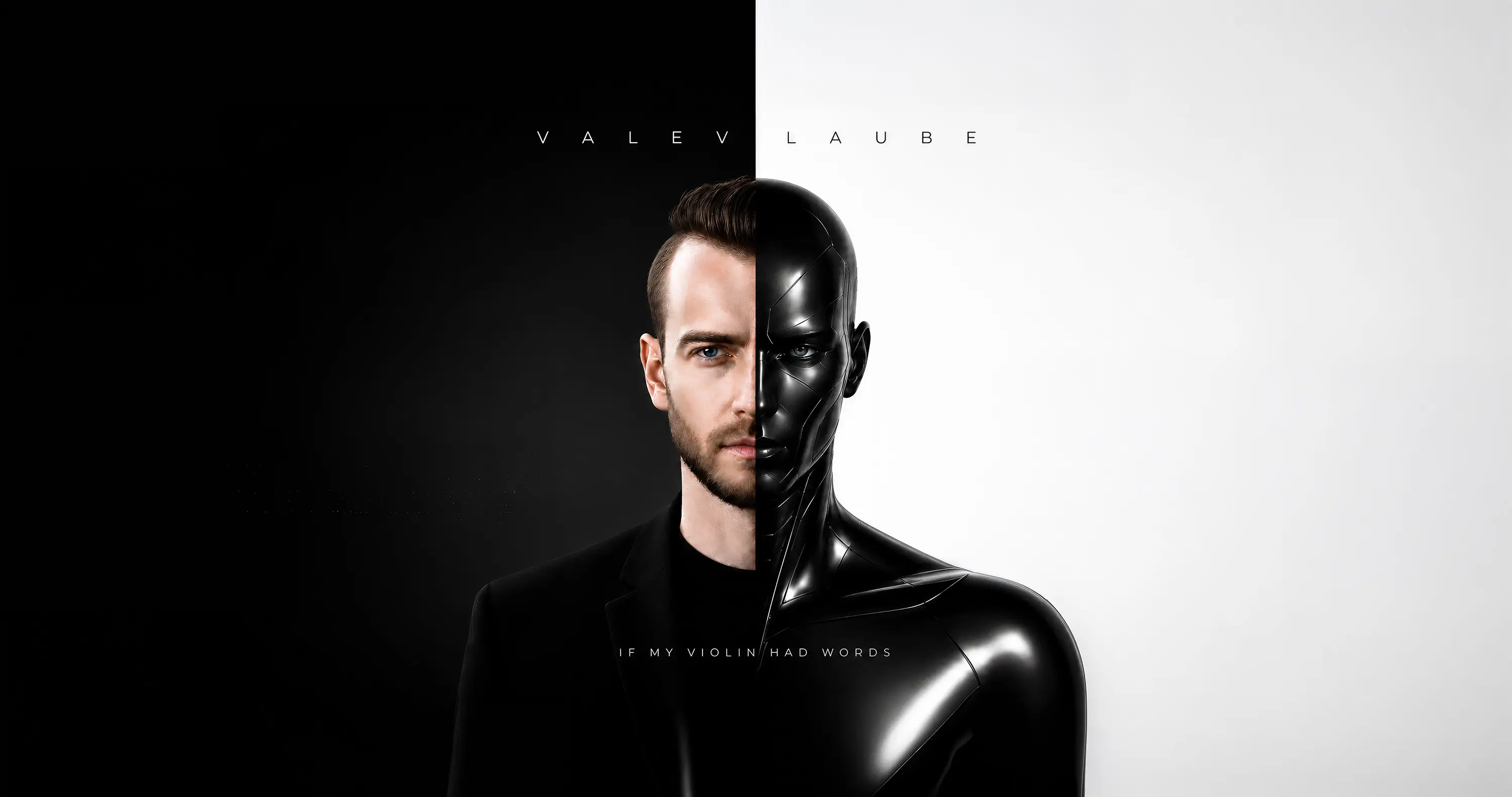 A split portrait against black and white halves, one side a man's face and the other a glossy black figure, captioned Valev Laube — If My Violin Had Words.