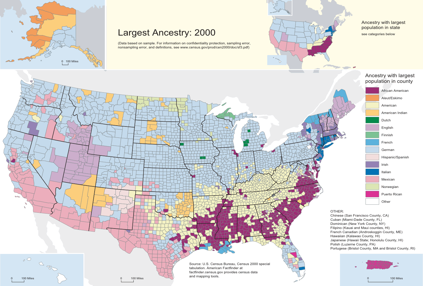 US Census Bureau map showing the most commonly reported ancestry in each county in the 2000 census, with Norwegian and German dominating much of the upper Midwest.