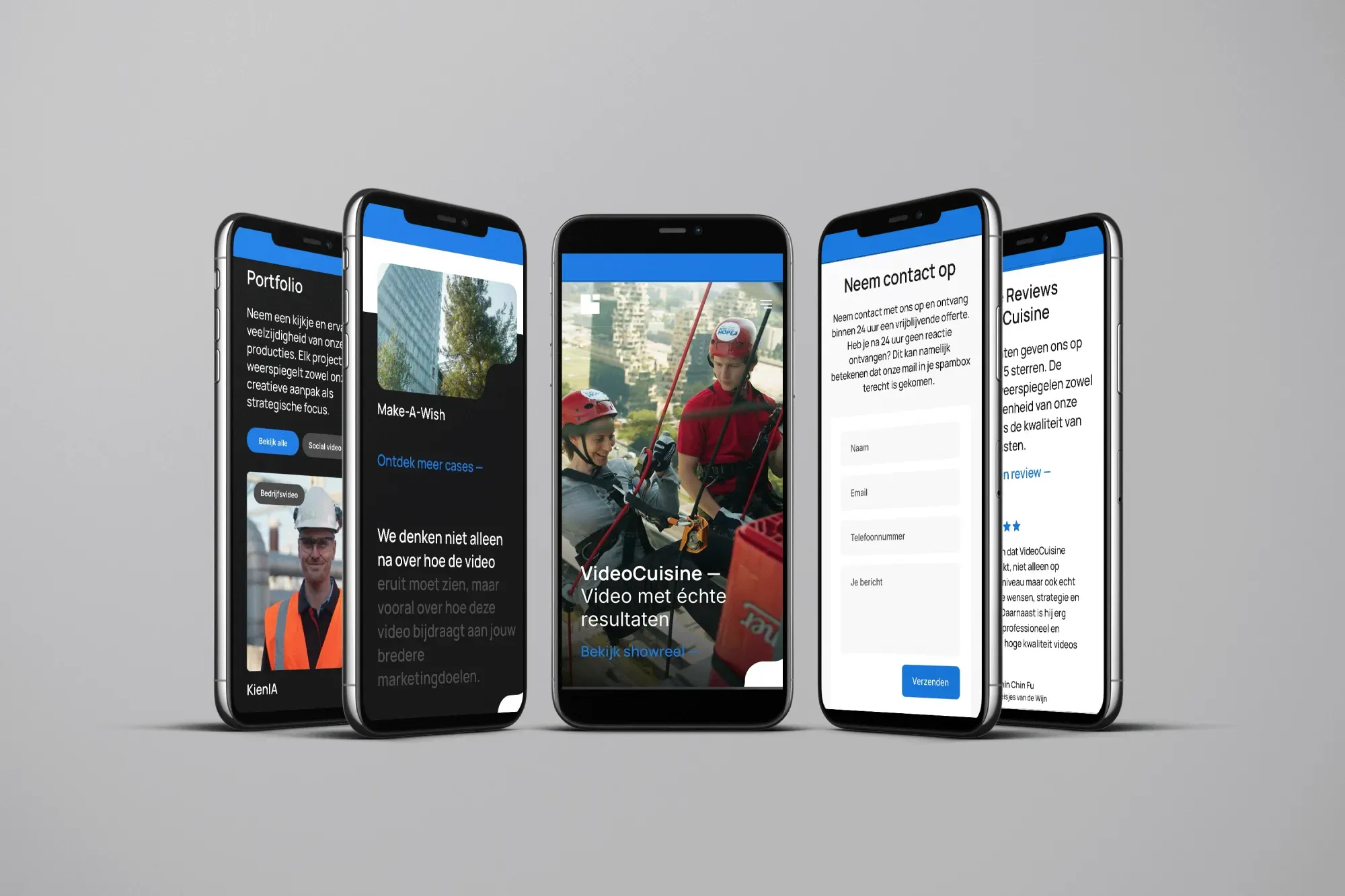 Mobiele weergave van de website van VideoCuisine, met portfolio, contactformulier en reviews
