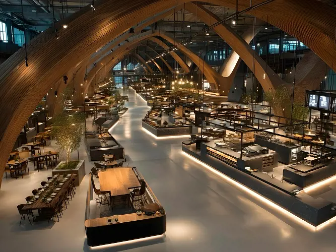 Indoor food market and dining hall with artisanal stalls, communal tables and natural timber beams.