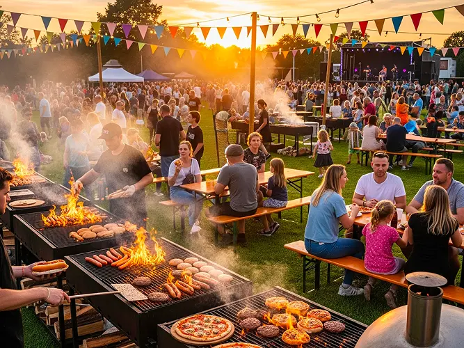 Residents gathered around an outdoor barbecue and picnic area, enjoying food and conversation under lanterns.