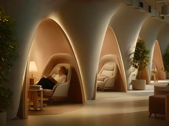 Cozy lounge area with plush seating, floor‑to‑ceiling bookshelves and ambient lighting where community members relax.