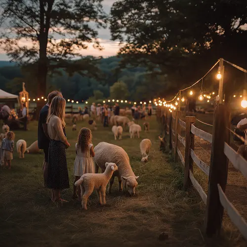 Family interacting with sheep and farm animals near warmly lit gazebos and ambient walking trail at dusk