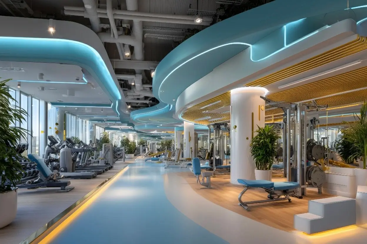 Futuristic wellness centre with curved, illuminated ceiling above an indoor pool and relaxation area.