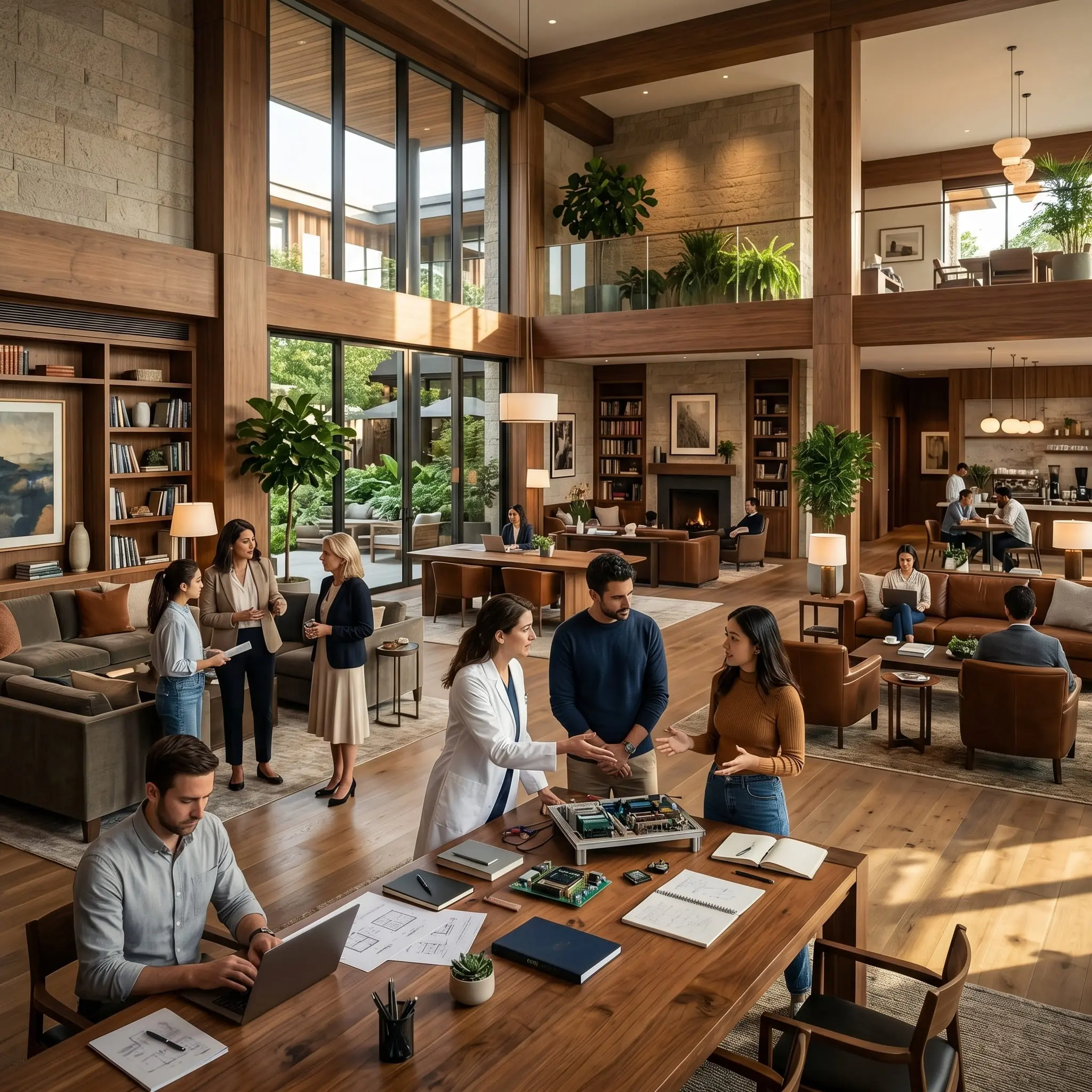 Family interacting with sheep and farm animals near warmly lit gazebos and ambient walking trail at dusk