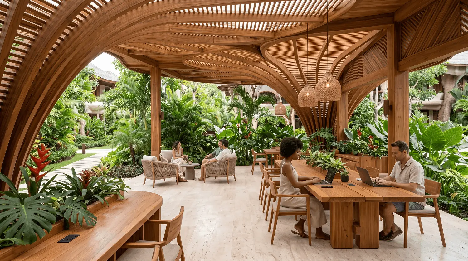 Family interacting with sheep and farm animals near warmly lit gazebos and ambient walking trail at dusk