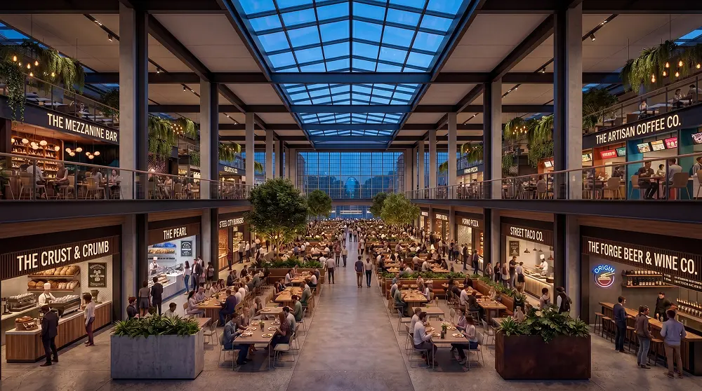 Indoor food market and dining hall with artisanal stalls, communal tables and natural timber beams.