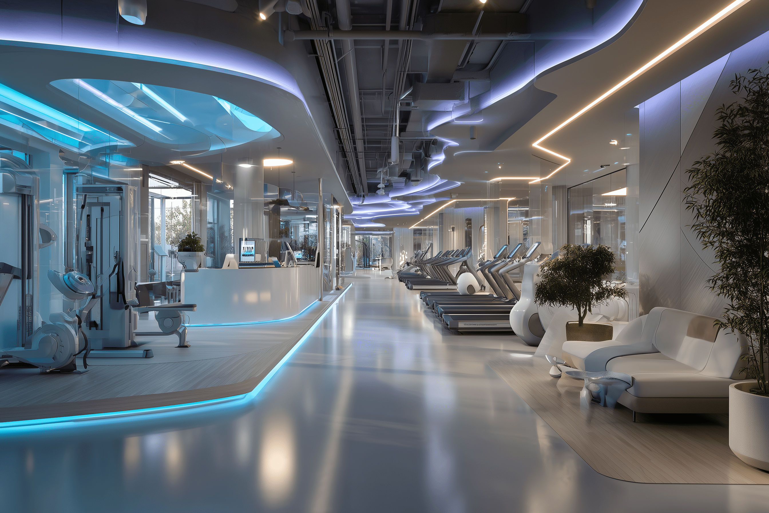 Concept image of a futuristic wellness atrium with swirling lights and water feature, used to introduce the wellness blog post.