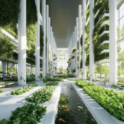 Scenic view inside a lush vertical farming atrium with large windows and hanging plants, representing renewable energy at Elysium.