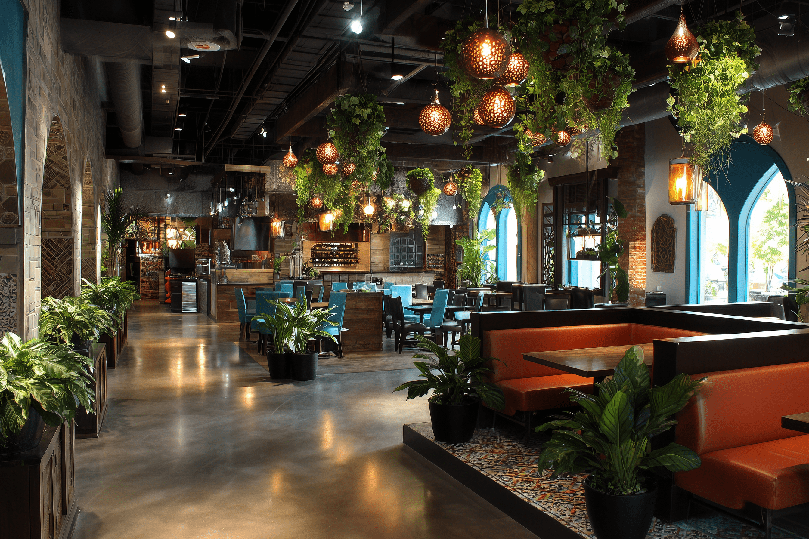 Elegant open‑plan restaurant with high ceilings, warm lighting and wooden furnishings, hinting at Elysium’s culinary experiences.