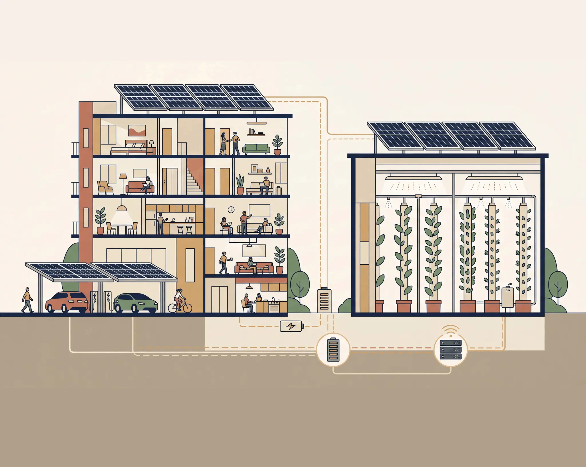 Hero image of a vertical farming atrium bathed in natural light with hydroponic towers and lush plants, symbolising renewable energy at Elysium.