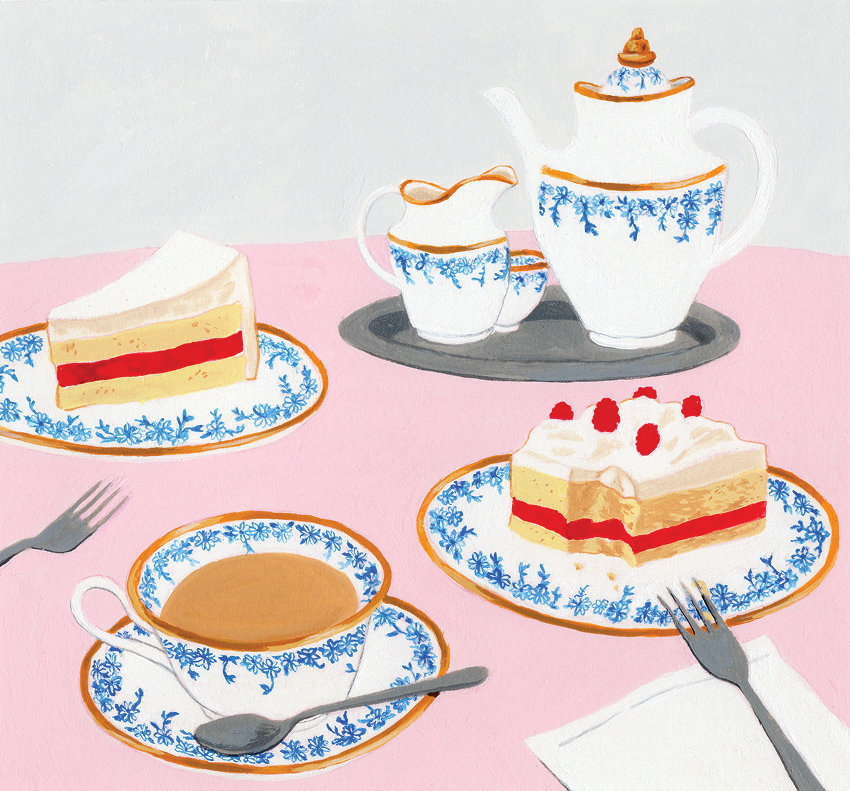 A fancy porcelain tea set and plates of cake, against a pink tablecloth.