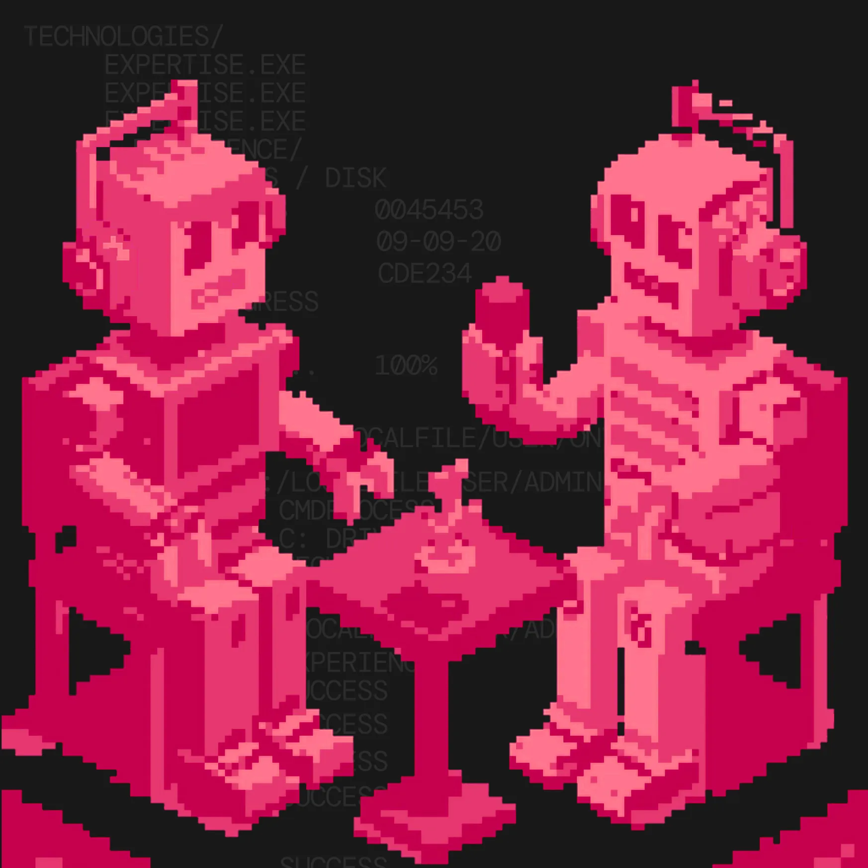 Pixel art style image of two pink robots sitting on chairs facing each other with a small table between them holding a cup, on a black background with faint computer code text.