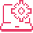Pink outline of a laptop with a gear and code brackets floating above the keyboard.