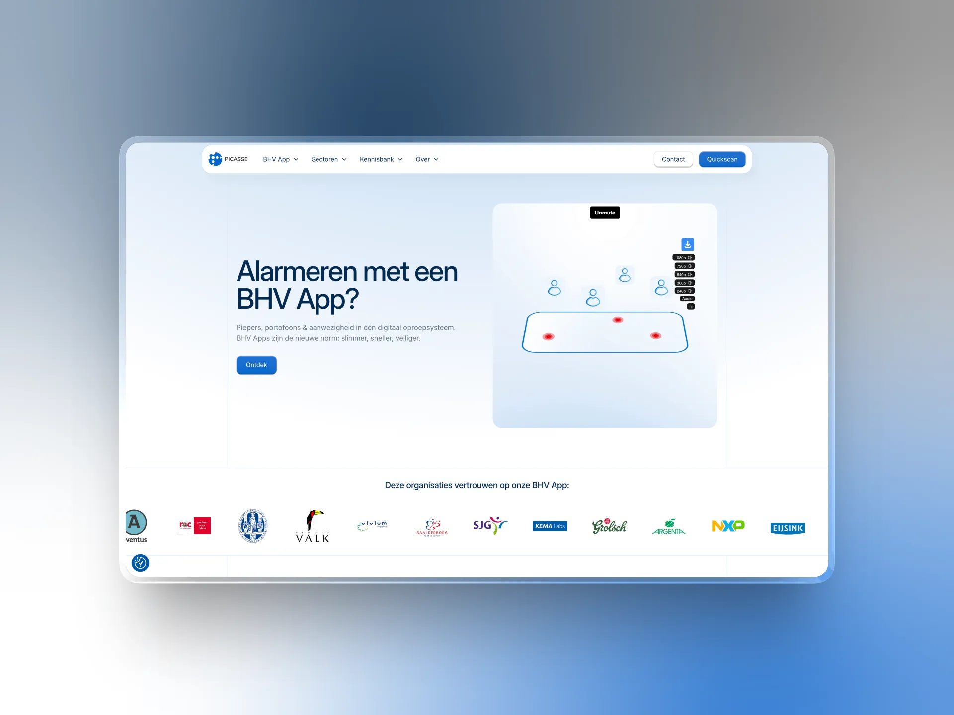 Website homepage featuring a digital alert system called BHV App with a call-to-action button and logos of trusting organizations below.