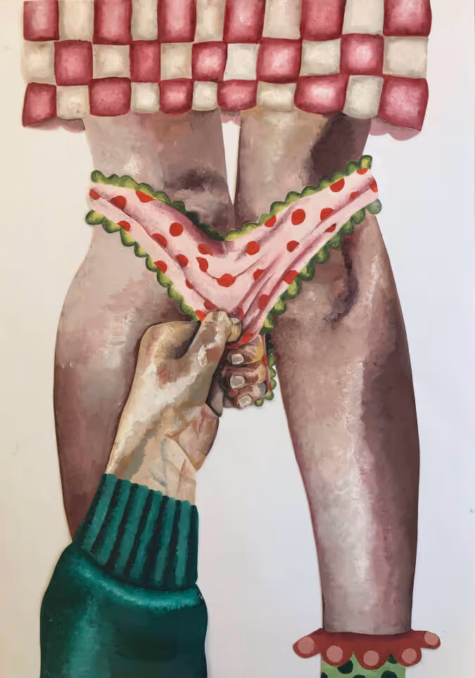 Close‑up painting of a hand grasping the hem of woman's under-ware.