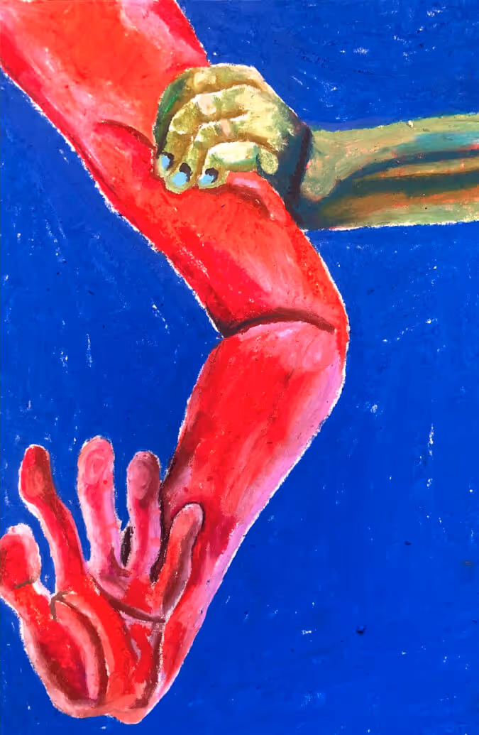 Painting of a green hand gripping a red arm against a blue background.