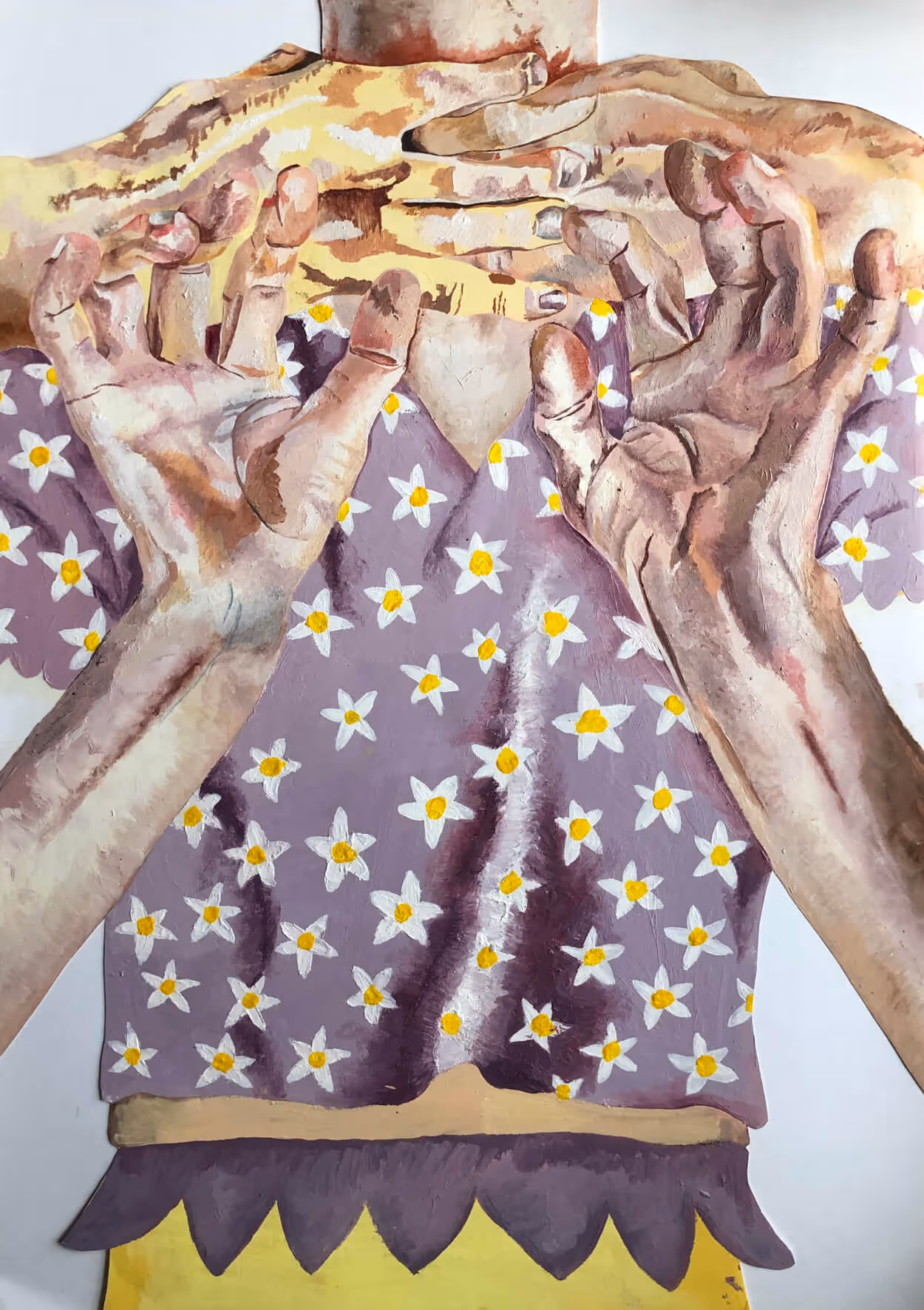 Painting composed of overlapping arms and hands rendered in fleshy tones.
