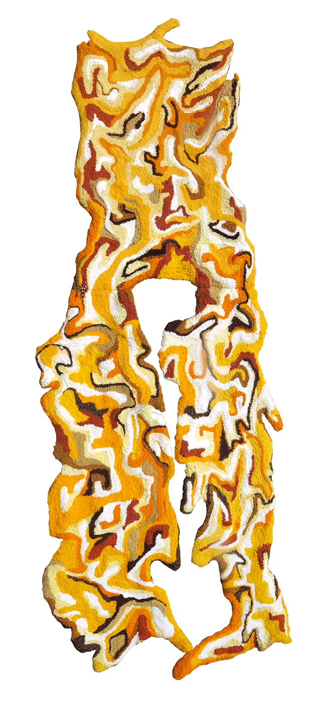 Golden yellow tufted sculpture with organic shape.
