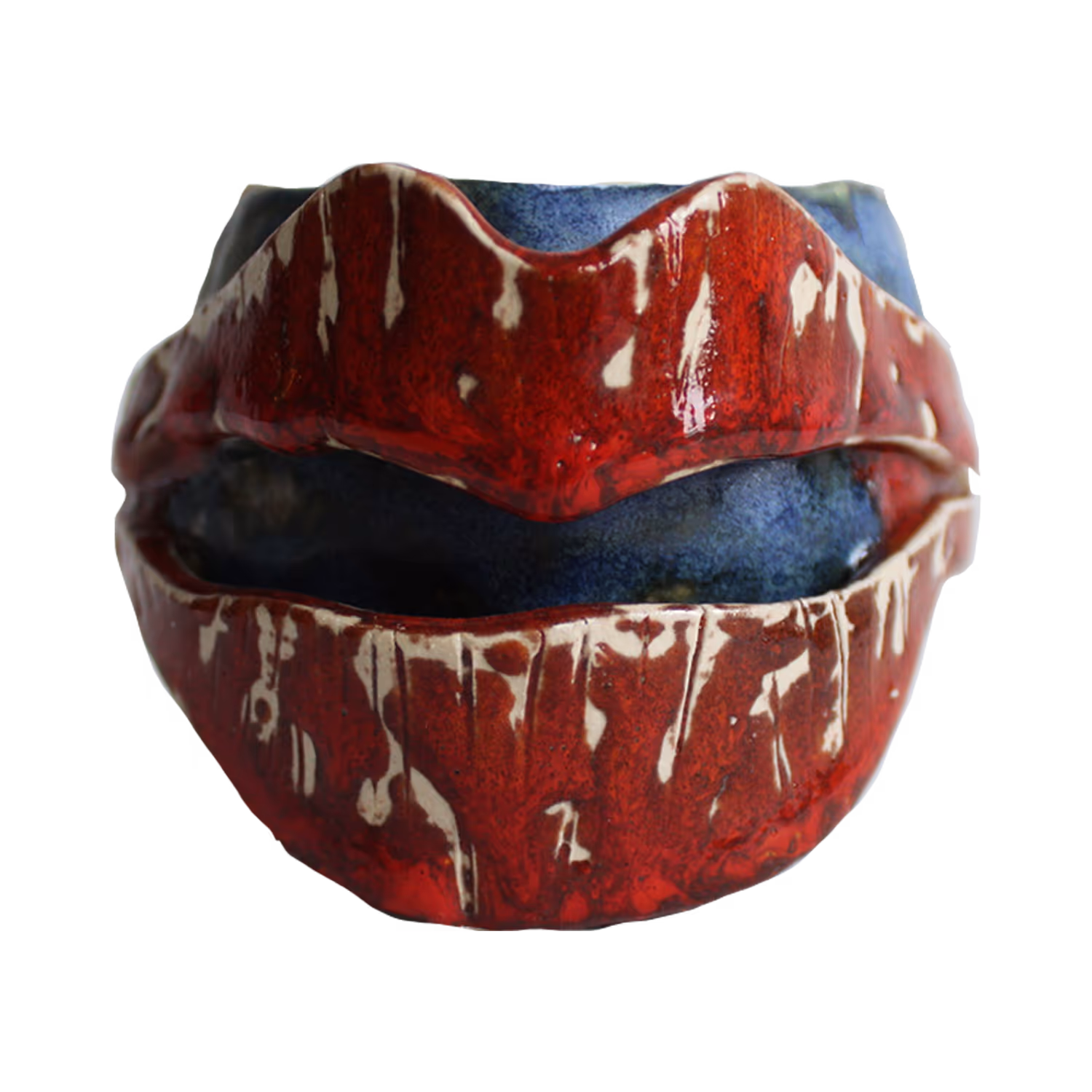Ceramic sculpture. Blue mug with red lips.