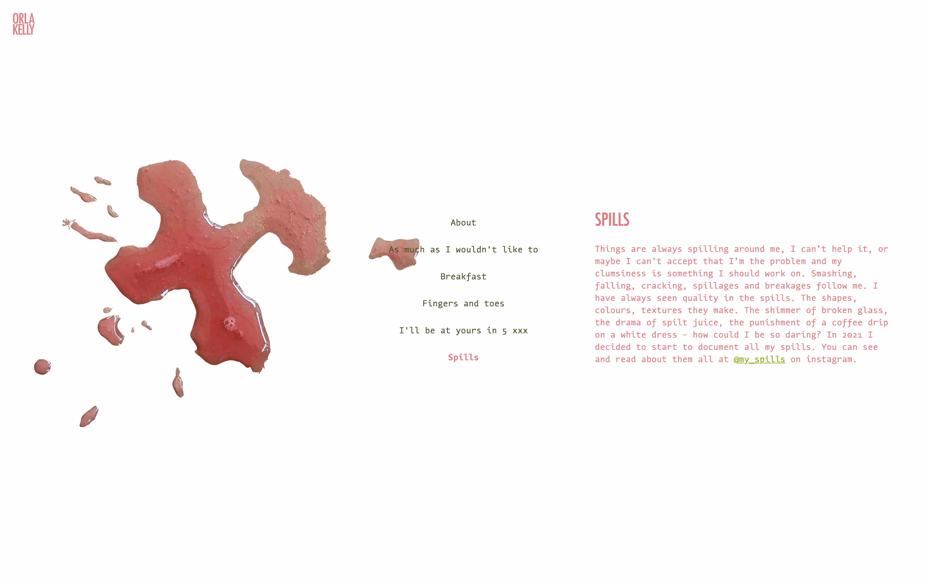 Screenshot of hero section of "Spills" page.