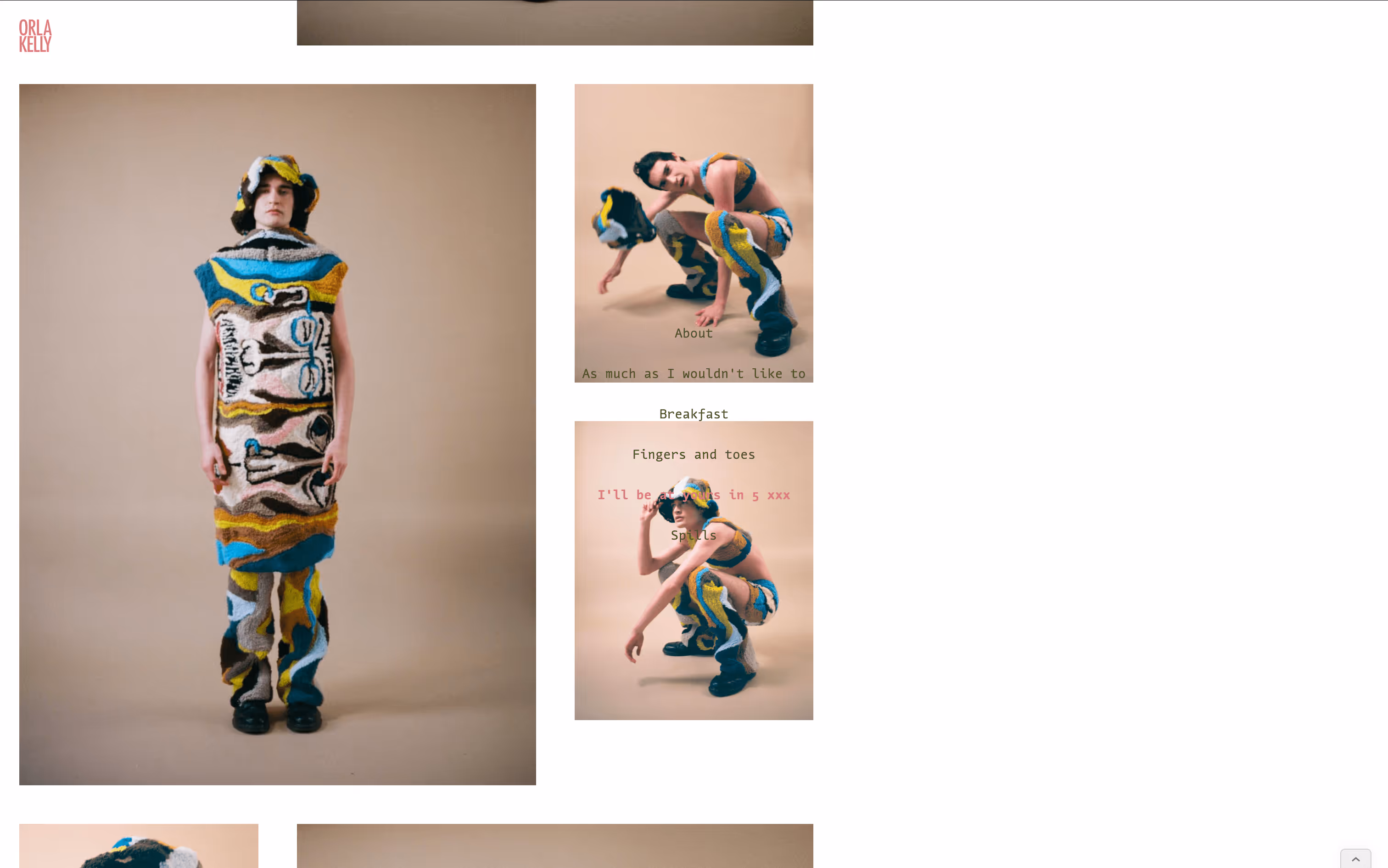 Photos of model wearing textile sculptures from "I'll be at yours in 5" series. 