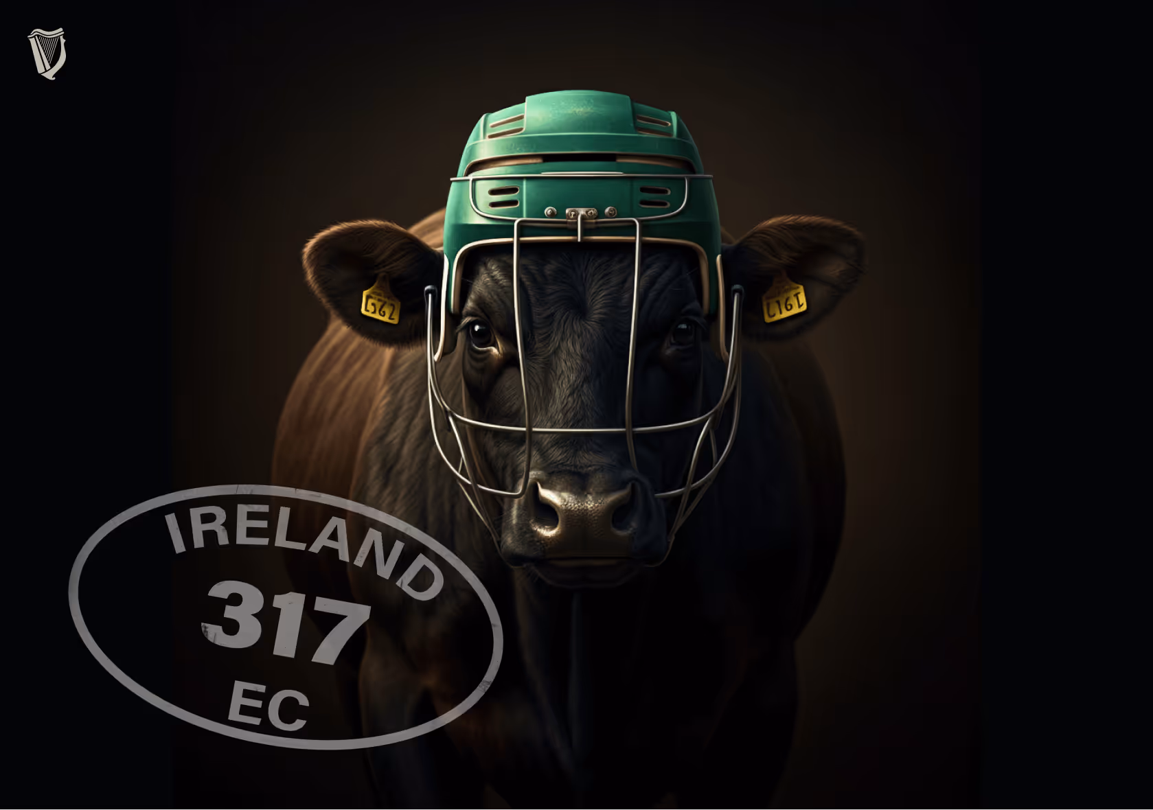 Cow wearing a hurling helmet, with meat inspection stamp overlay.
