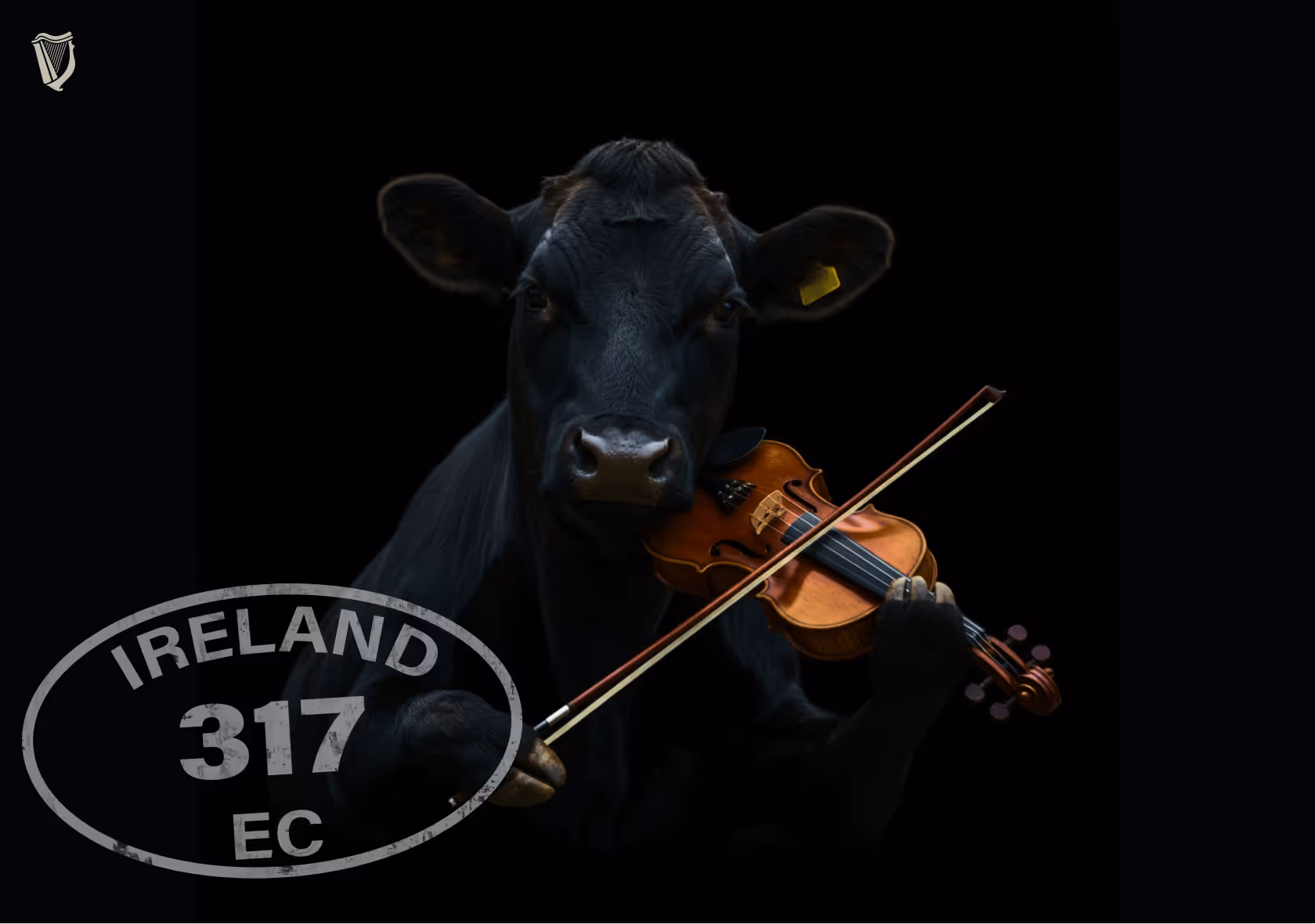 Cow standing upright playing a violin, styled like an Irish folk musician with stamp overlay.