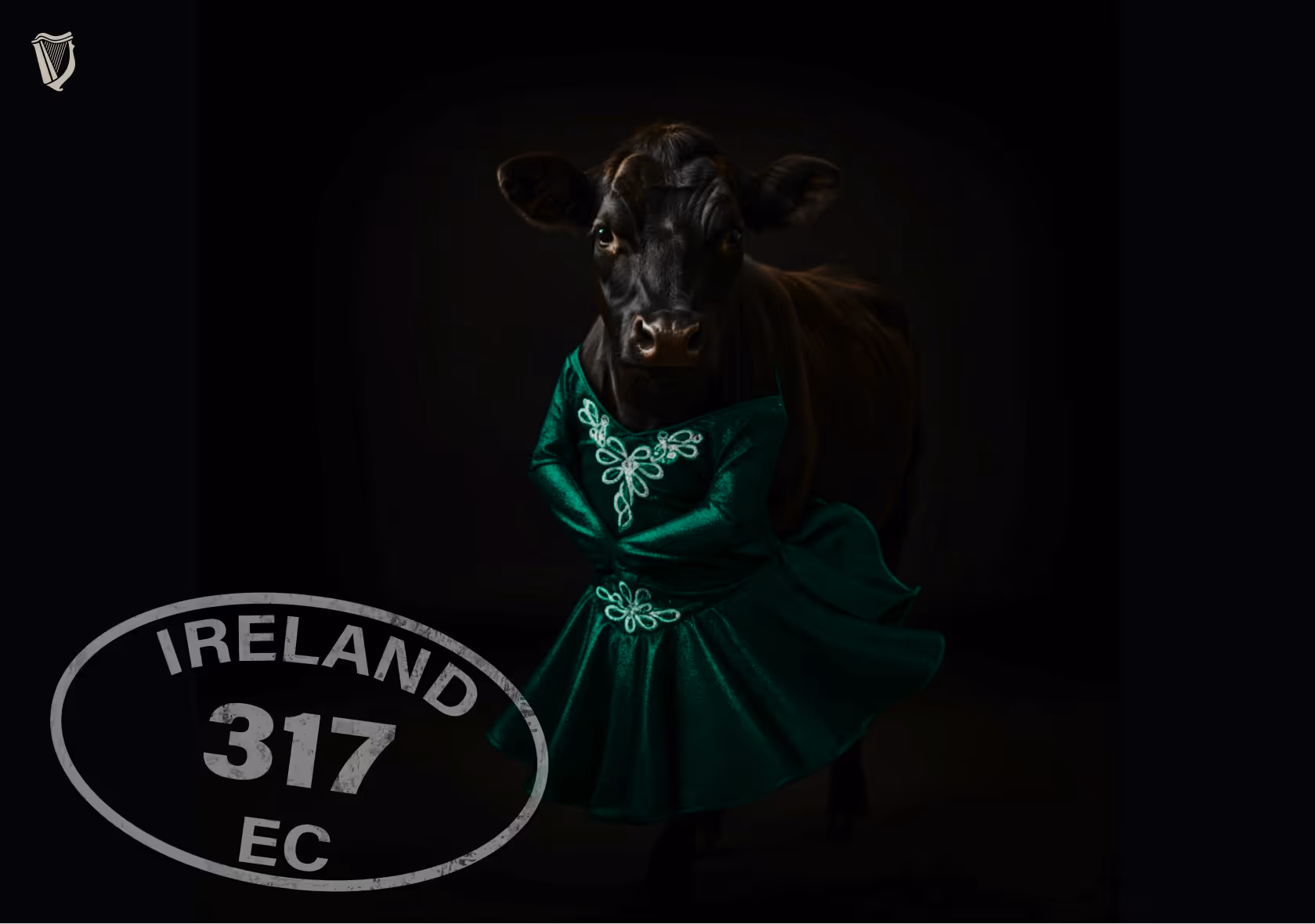 Image of a cow standing upright in a green Irish dancing dress with an inspection stamp overlay.